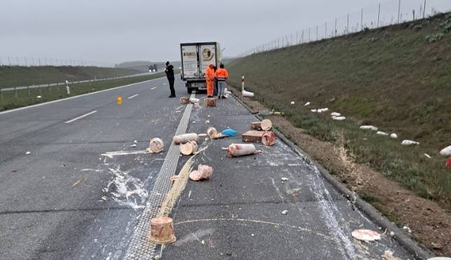 Bus uderzył w ciężarówkę. Na drogę wysypało się mięso na kebab [FOTO]